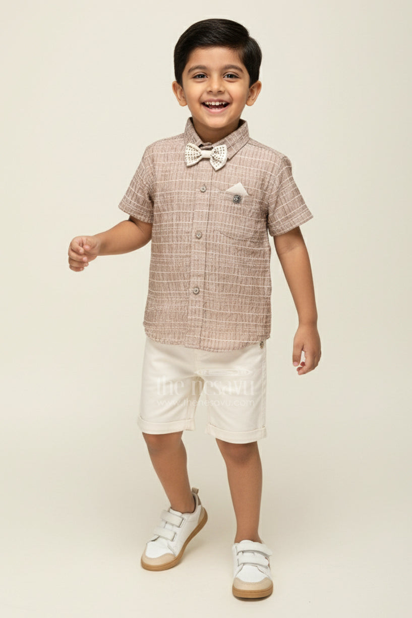 The Nesavu Boys Casual Set Toddler Boys Summer Outfit with Bow Tie for Family Functions Nesavu 14 (6M) / Cream BCS415B-14 Nesavu toddler boys casual outfit bow tie shirt family outings summer events