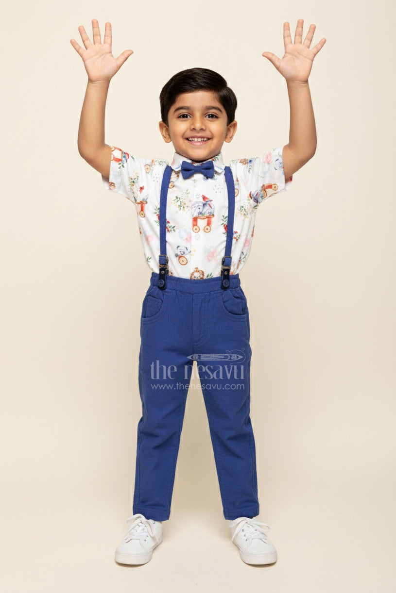 The Nesavu Boys Casual Set Toddler Boys Suspenders Shirt Set with Printed Muslin Cotton Nesavu 14 (6M) / Blue BCS387A-14 Nesavu toddler boys muslin cotton shirt and suspenders pants set with playful print