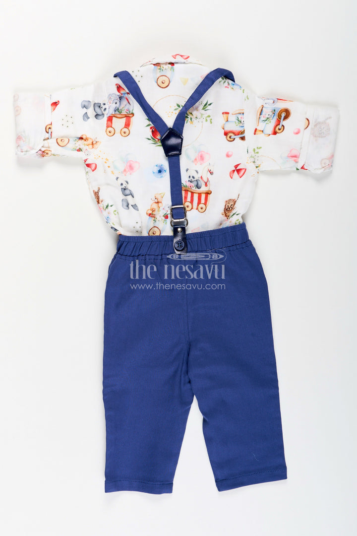 The Nesavu Boys Casual Set Toddler Boys Suspenders Shirt Set with Printed Muslin Cotton Nesavu Nesavu toddler boys muslin cotton shirt and suspenders pants set with playful print