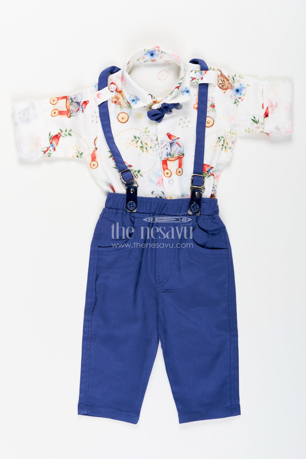 The Nesavu Boys Casual Set Toddler Boys Suspenders Shirt Set with Printed Muslin Cotton Nesavu Nesavu toddler boys muslin cotton shirt and suspenders pants set with playful print