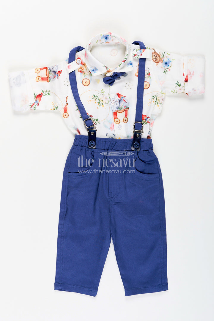 The Nesavu Boys Casual Set Toddler Boys Suspenders Shirt Set with Printed Muslin Cotton Nesavu Nesavu toddler boys muslin cotton shirt and suspenders pants set with playful print
