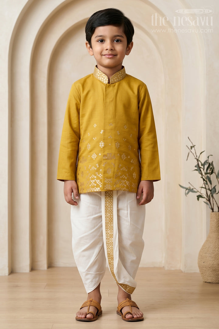 The Nesavu Boys Dothi Set Toddler Boys Traditional Dothi Outfit for Festive Celebrations Nesavu 10 (NB) / Yellow / Viscose Silk BES1018B-10 Nesavu Toddler Boys Traditional Dothi Outfit For Weddings And Festive Ethnic Celebrations