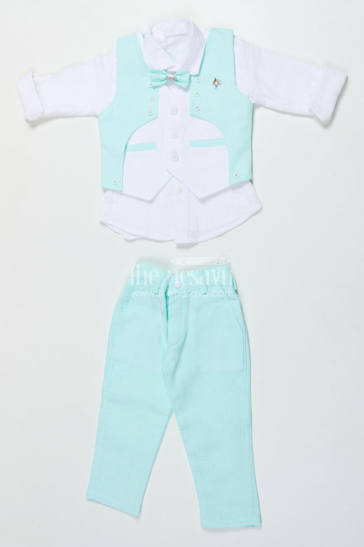 The Nesavu Boys Casual Set Toddler Boys Waistcoat Set for Birthday Parties and Family Celebrations Nesavu 12 (3M) / Blue BCS506A-12 Nesavu toddler boys muslin cotton waistcoat set with bow tie for birthdays and formal events