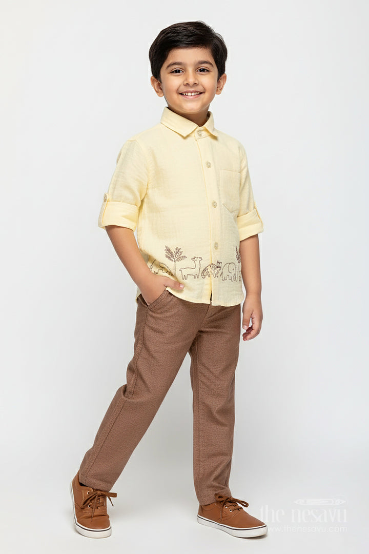 The Nesavu Boys Casual Set Toddler Boys Yellow Muslin Cotton Embroidered Shirt and Brown Pants Set Nesavu 14 (6M) / Yellow BCS386B-14 Nesavu toddler boys yellow muslin cotton shirt with animal embroidery and brown pants