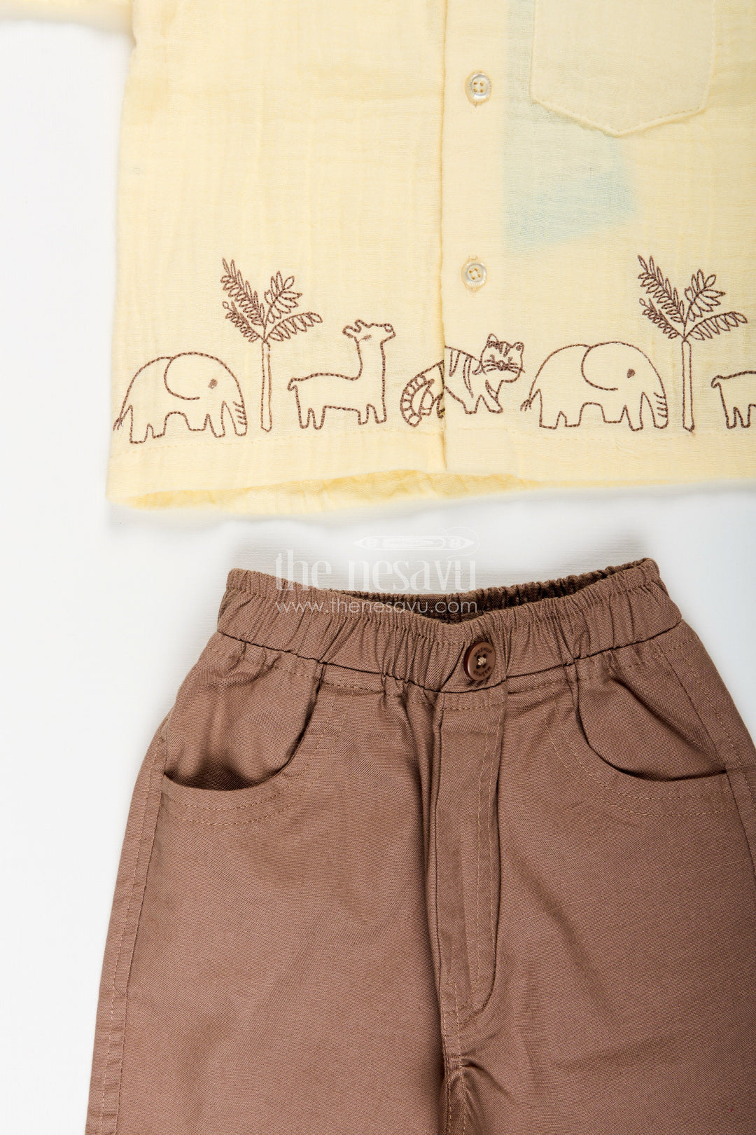 The Nesavu Boys Casual Set Toddler Boys Yellow Muslin Cotton Embroidered Shirt and Brown Pants Set Nesavu Nesavu toddler boys yellow muslin cotton shirt with animal embroidery and brown pants