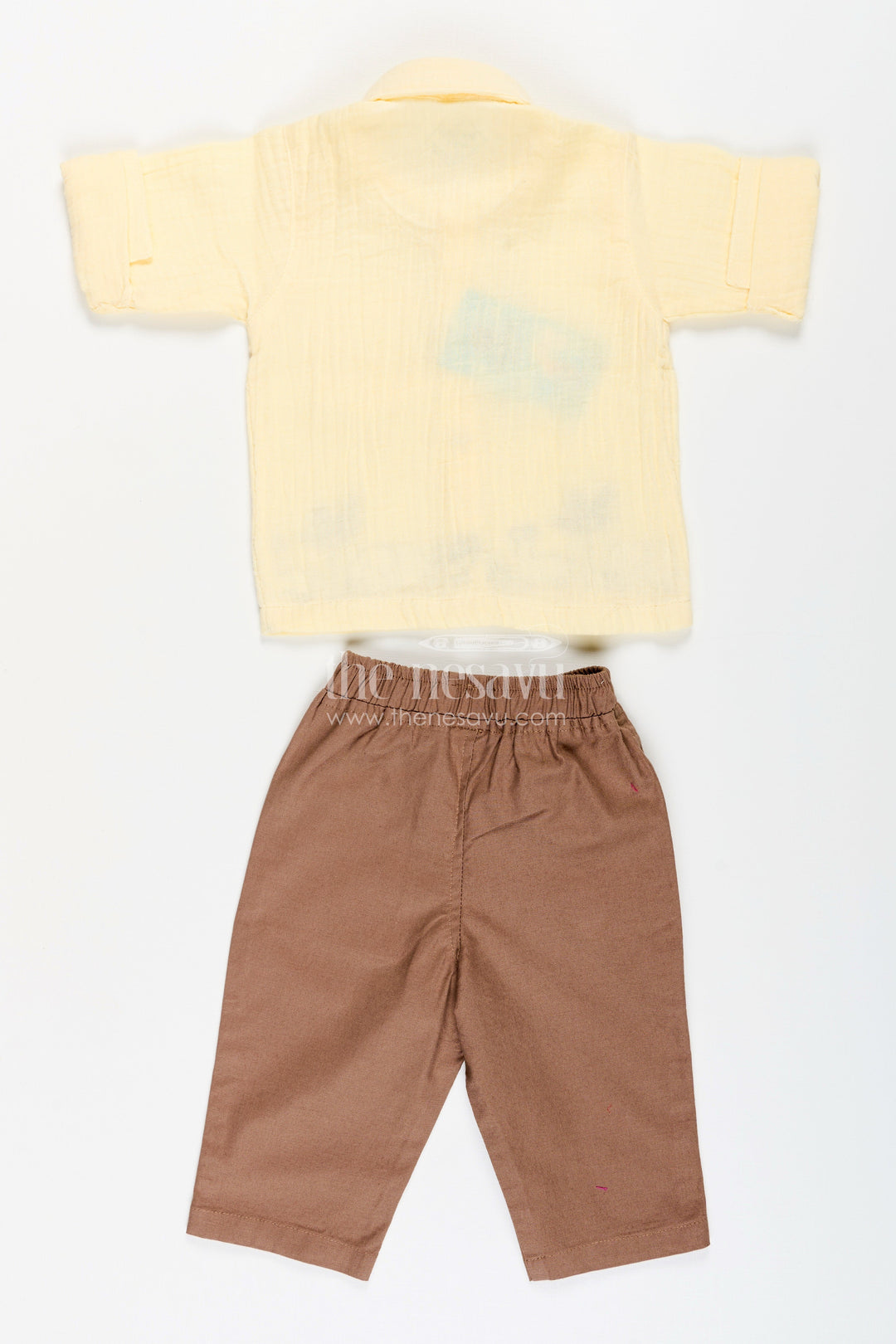 The Nesavu Boys Casual Set Toddler Boys Yellow Muslin Cotton Embroidered Shirt and Brown Pants Set Nesavu Nesavu toddler boys yellow muslin cotton shirt with animal embroidery and brown pants