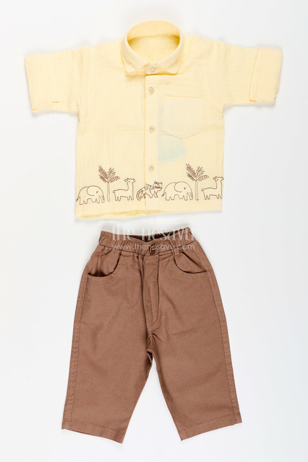 The Nesavu Boys Casual Set Toddler Boys Yellow Muslin Cotton Embroidered Shirt and Brown Pants Set Nesavu Nesavu toddler boys yellow muslin cotton shirt with animal embroidery and brown pants