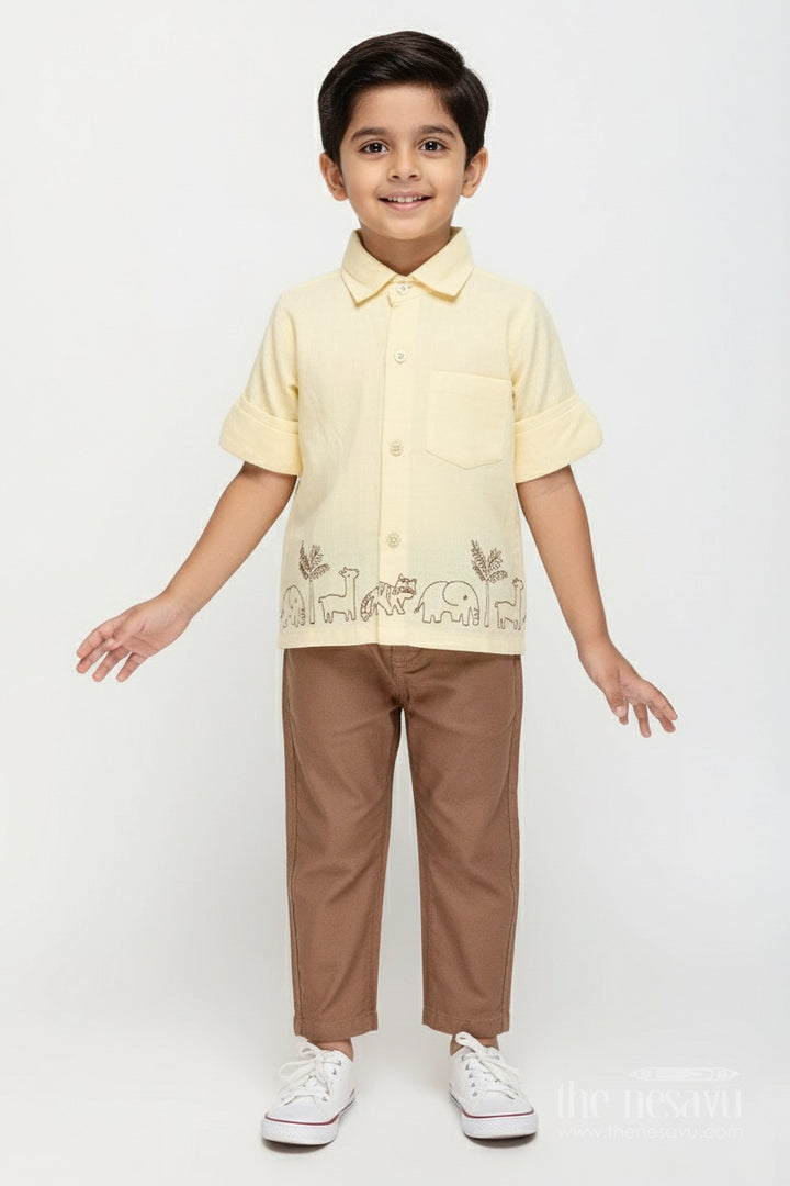 The Nesavu Boys Casual Set Toddler Boys Yellow Muslin Cotton Embroidered Shirt and Brown Pants Set Nesavu Nesavu toddler boys yellow muslin cotton shirt with animal embroidery and brown pants