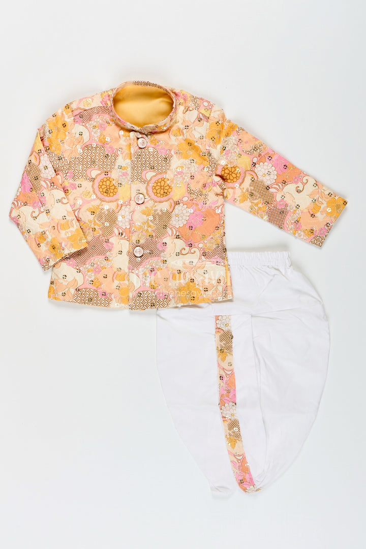 The Nesavu Boys Dothi Set Toddler Boys Yellow Printed Cotton Blend Dothi Set for Festive Occasions Nesavu 12 (3M) / Yellow BES874C-12 Nesavu toddler boys yellow printed cotton blend dothi set embroidered jacket festivals
