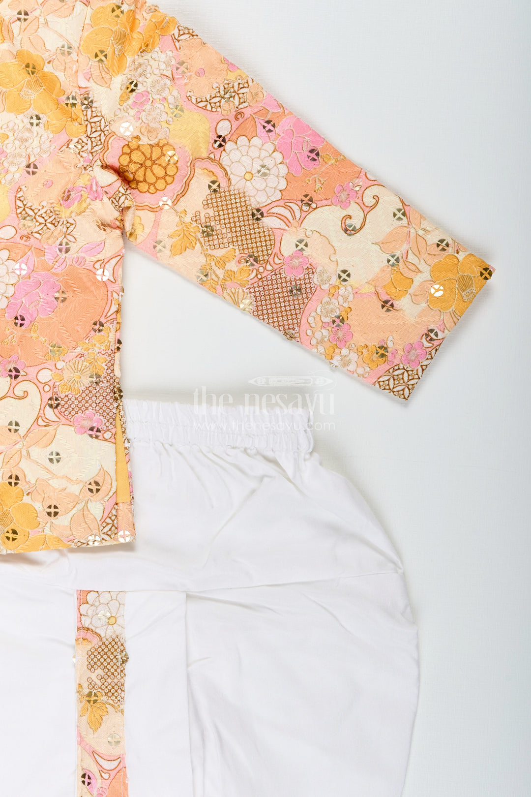 The Nesavu Boys Dothi Set Toddler Boys Yellow Printed Cotton Blend Dothi Set for Festive Occasions Nesavu Nesavu toddler boys yellow printed cotton blend dothi set embroidered jacket festivals