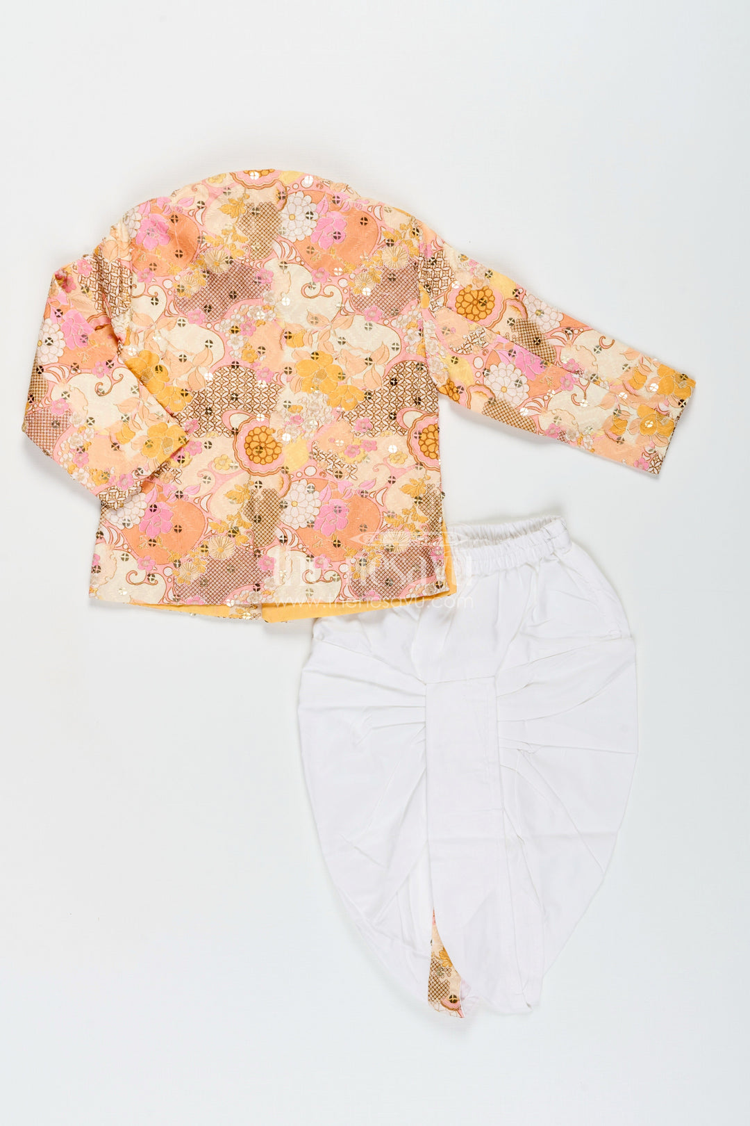 The Nesavu Boys Dothi Set Toddler Boys Yellow Printed Cotton Blend Dothi Set for Festive Occasions Nesavu Nesavu toddler boys yellow printed cotton blend dothi set embroidered jacket festivals