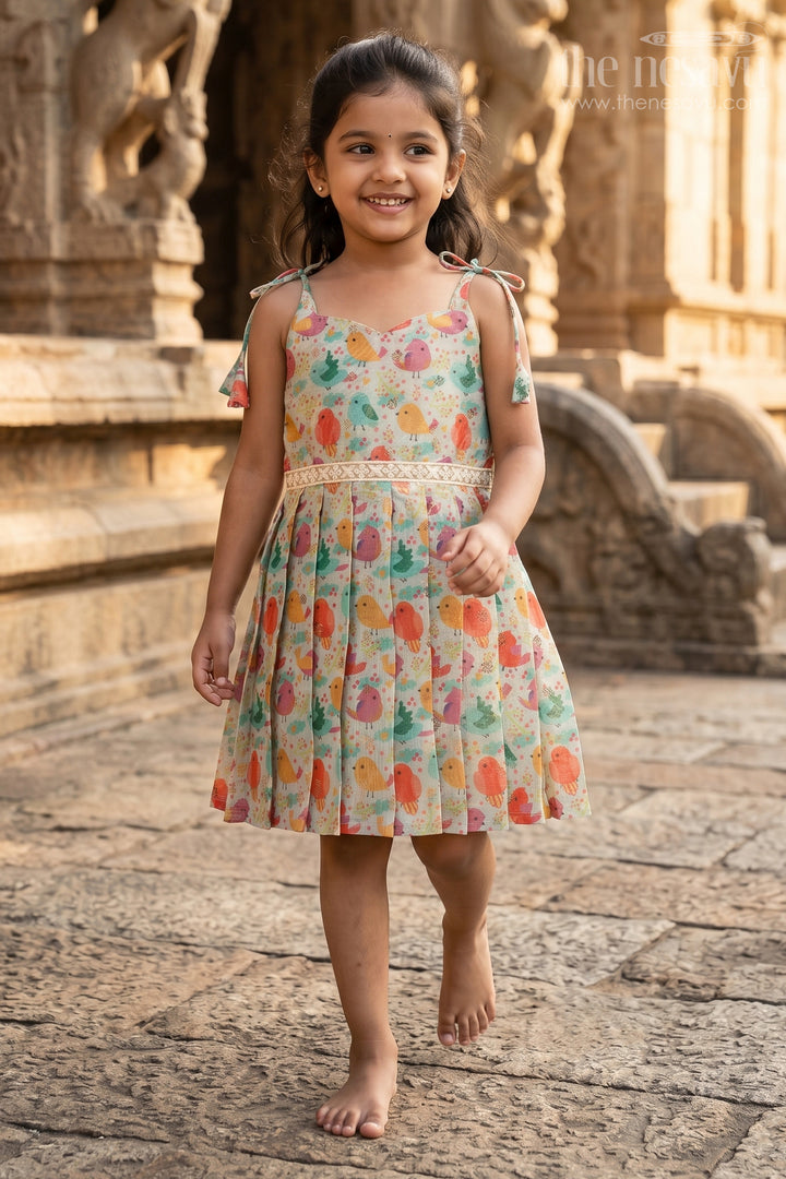 The Nesavu Tie-up Frock Toddler Girl Art Silk Frock for Everyday Wear and Outings Nesavu 16 (1Y) / Turquoise / Silk Blend T420A-16 Nesavu toddler girl everyday frock with digital print and tie-up sleeves in art silk