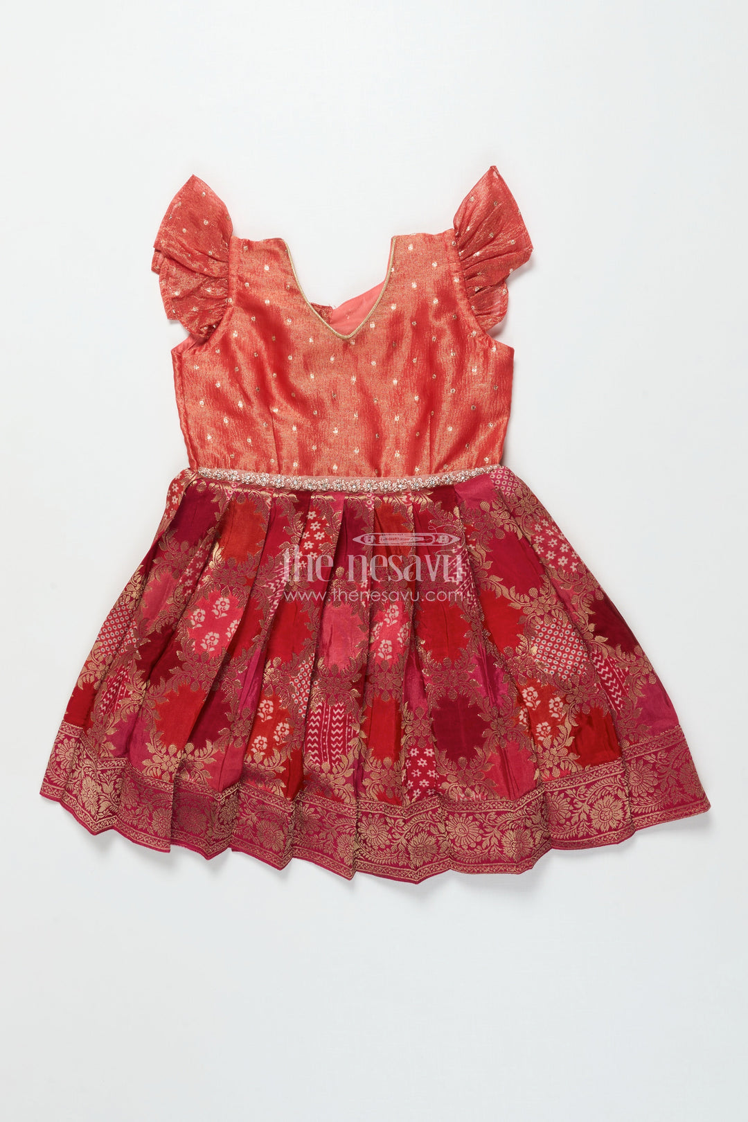The Nesavu Silk Frock Toddler Girl Banarasi Silk Frock with Ruffle Sleeves for Festivals and Poojas Nesavu 20 (3Y) / Red SF1086A-20 Nesavu toddler girl Banaras silk frock with ruffle sleeves and woven floral motifs for festive wear