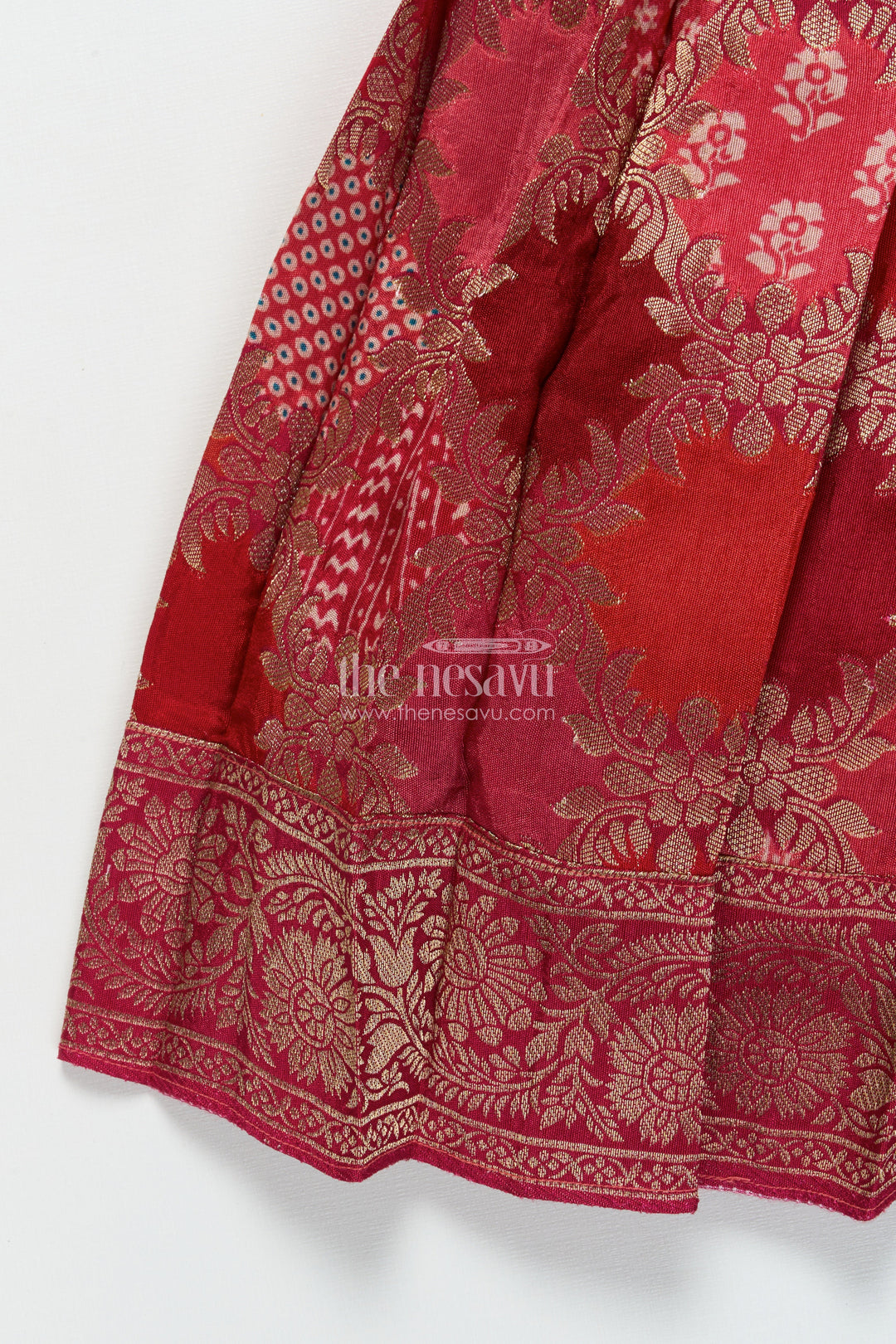 The Nesavu Silk Frock Toddler Girl Banarasi Silk Frock with Ruffle Sleeves for Festivals and Poojas Nesavu Nesavu toddler girl Banaras silk frock with ruffle sleeves and woven floral motifs for festive wear