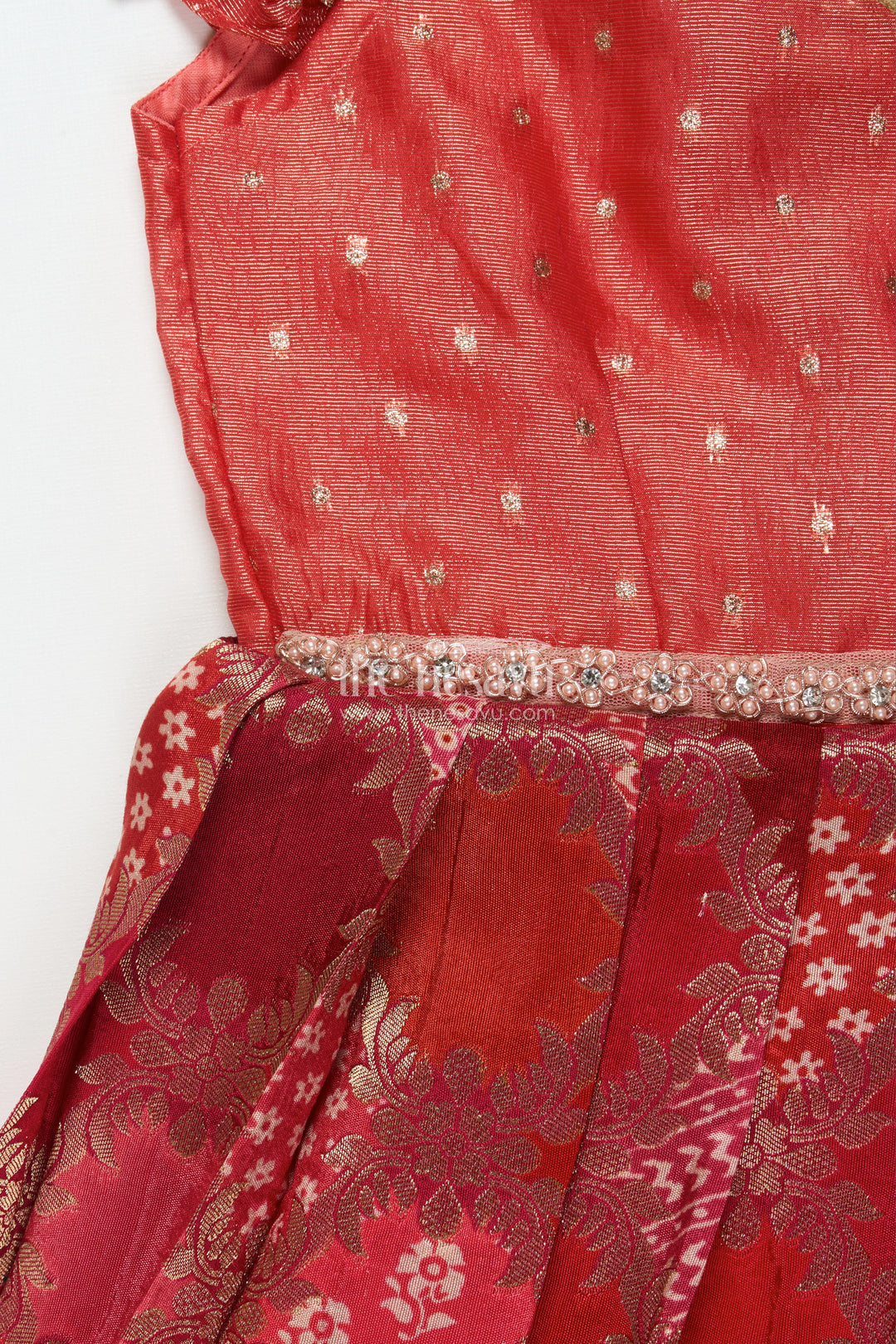 The Nesavu Silk Frock Toddler Girl Banarasi Silk Frock with Ruffle Sleeves for Festivals and Poojas Nesavu Nesavu toddler girl Banaras silk frock with ruffle sleeves and woven floral motifs for festive wear