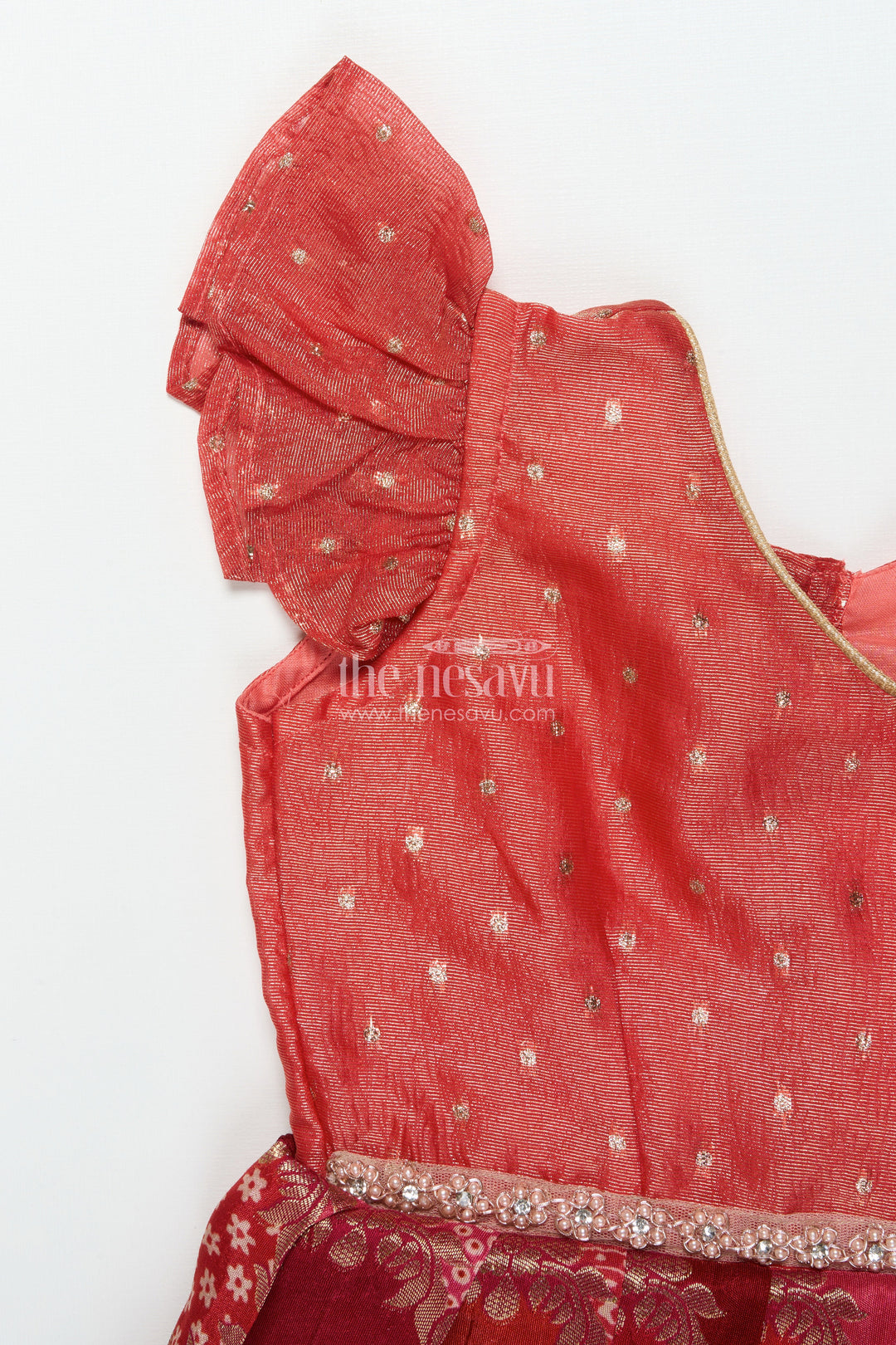 The Nesavu Silk Frock Toddler Girl Banarasi Silk Frock with Ruffle Sleeves for Festivals and Poojas Nesavu Nesavu toddler girl Banaras silk frock with ruffle sleeves and woven floral motifs for festive wear