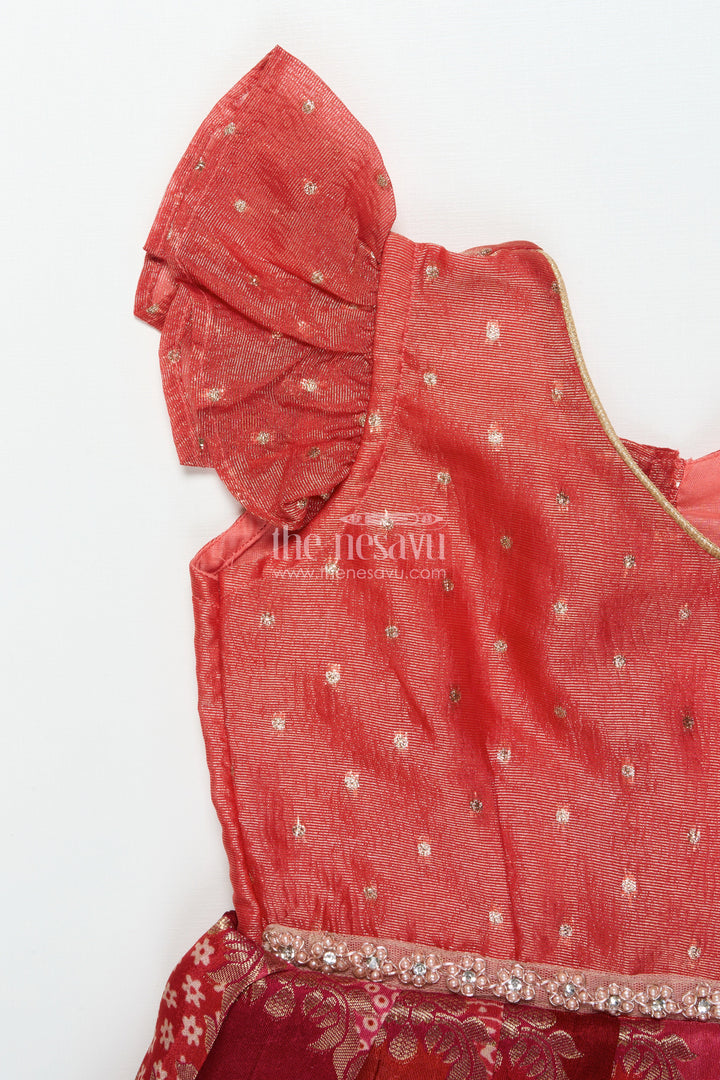 The Nesavu Silk Frock Toddler Girl Banarasi Silk Frock with Ruffle Sleeves for Festivals and Poojas Nesavu Nesavu toddler girl Banaras silk frock with ruffle sleeves and woven floral motifs for festive wear