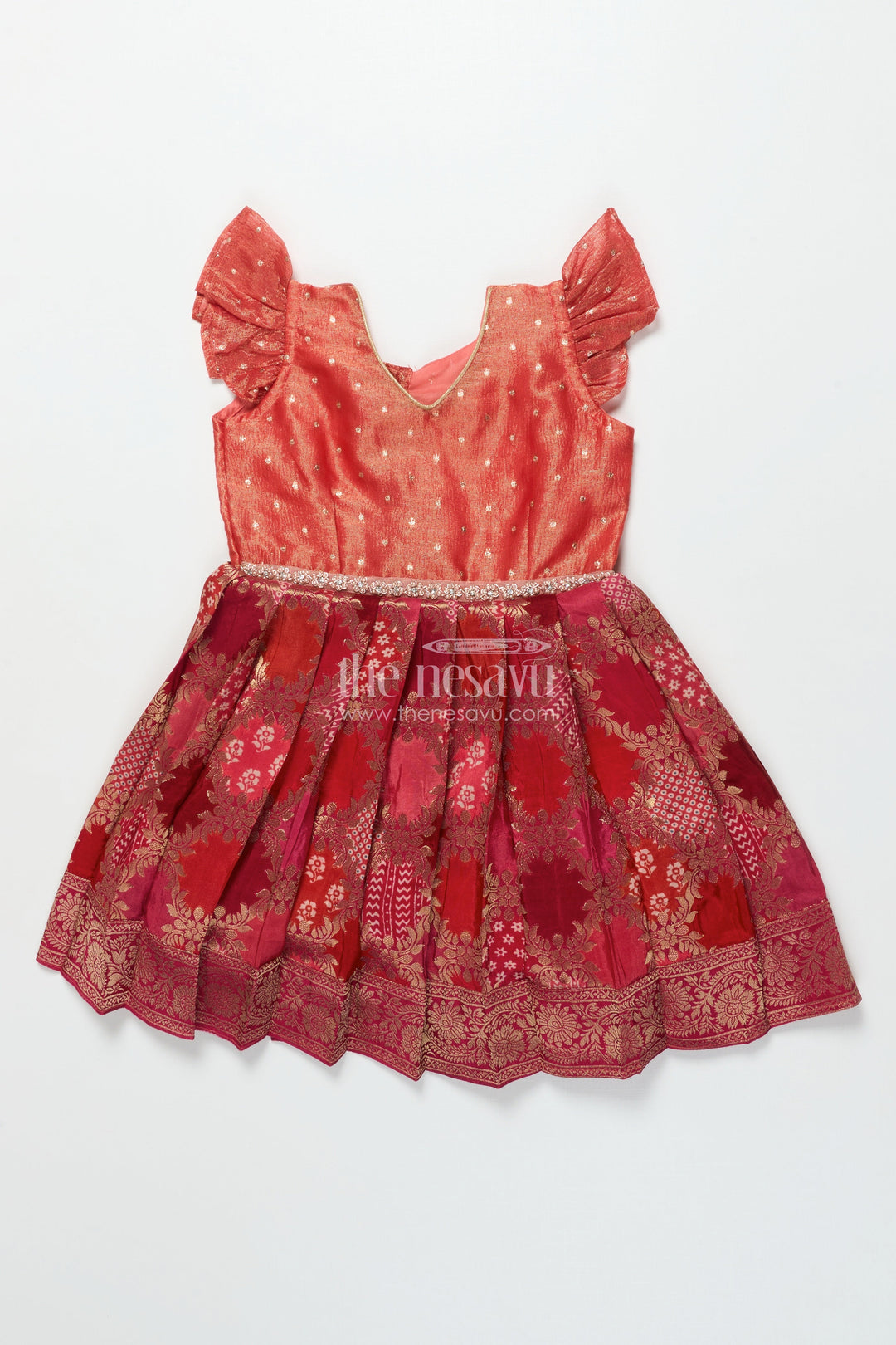 The Nesavu Silk Frock Toddler Girl Banarasi Silk Frock with Ruffle Sleeves for Festivals and Poojas Nesavu Nesavu toddler girl Banaras silk frock with ruffle sleeves and woven floral motifs for festive wear