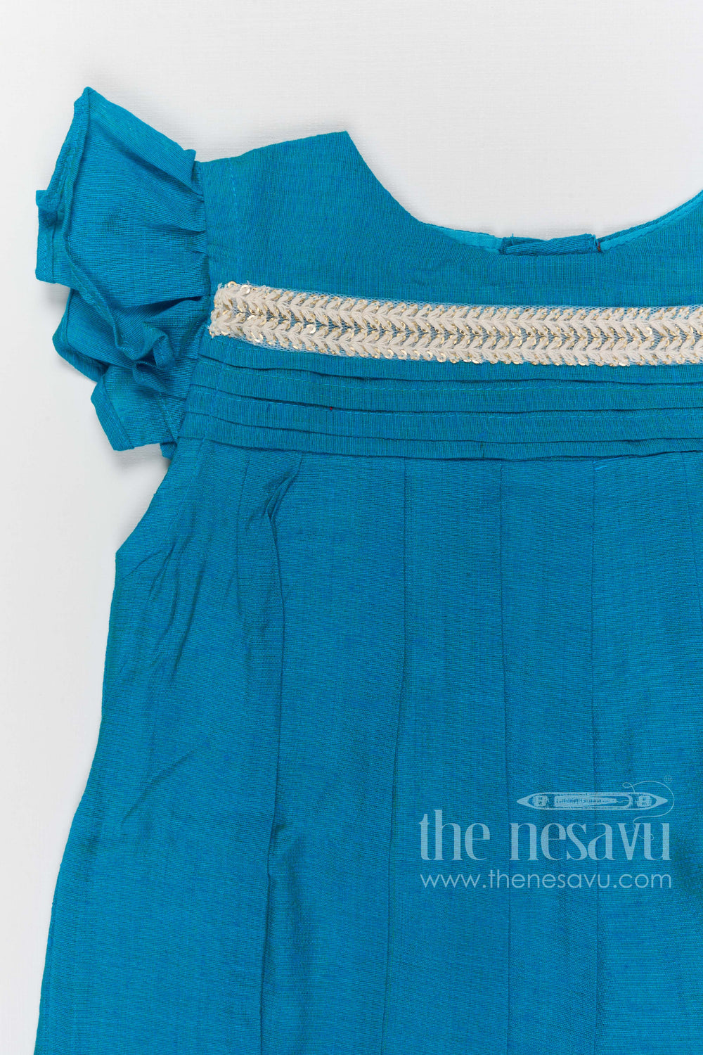 The Nesavu Girls Chanderi Frock Toddler Girl Chanderi Cotton Frock with Lace Yoke for Poojas and Festive Days Nesavu Nesavu toddler girl chanderi frock with pleated lace yoke for poojas and ethnic school events