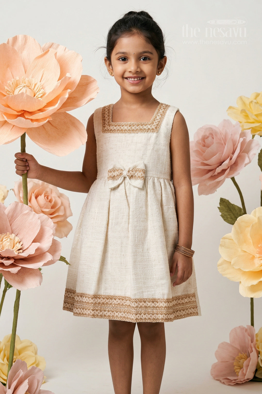 The Nesavu Girls Cotton Frock Toddler Girl Cotton Frock for Casual Outings and Playdates Nesavu 20 (3Y) / Half white / Cotton Blend GFC2137A-20 Nesavu toddler girl cotton blend frock for casual outings and playdates with comfortable flared design