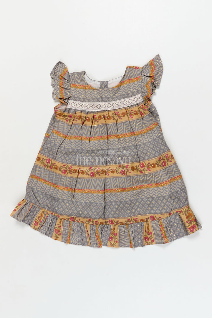 The Nesavu Girls Cotton Frock Toddler Girl Cotton Frock for Festive Gatherings and Day Events Nesavu 18 (2Y) / Gray / Modal GFC2082A-18 Nesavu toddler girl cotton frock with embroidery and print for school ethnic day or parties
