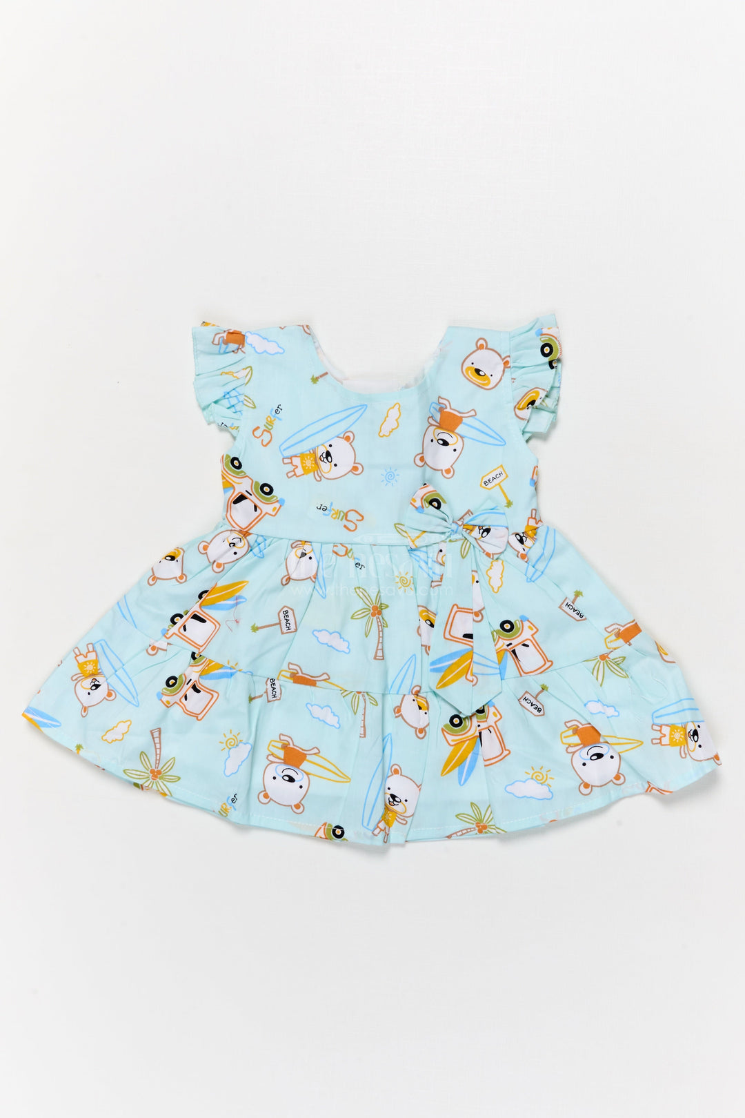 The Nesavu Baby Cotton Frocks Toddler Girl Cotton Frock with Beach Bear Print and Bow for Summer Fun Nesavu 14 (6M) / Blue / Cotton BFJ896A-14 Nesavu toddler girl cotton frock with beach bear print and frill sleeves for sunny day fun