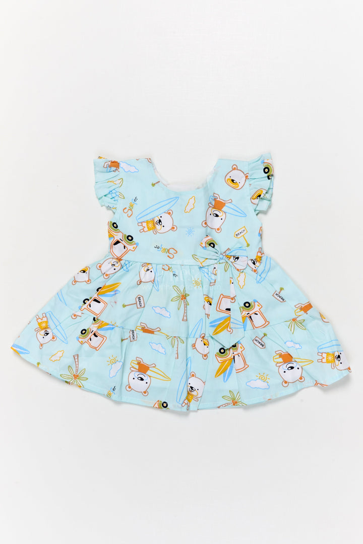 The Nesavu Baby Cotton Frocks Toddler Girl Cotton Frock with Beach Bear Print and Bow for Summer Fun Nesavu 14 (6M) / Blue / Cotton BFJ896A-14 Nesavu toddler girl cotton frock with beach bear print and frill sleeves for sunny day fun