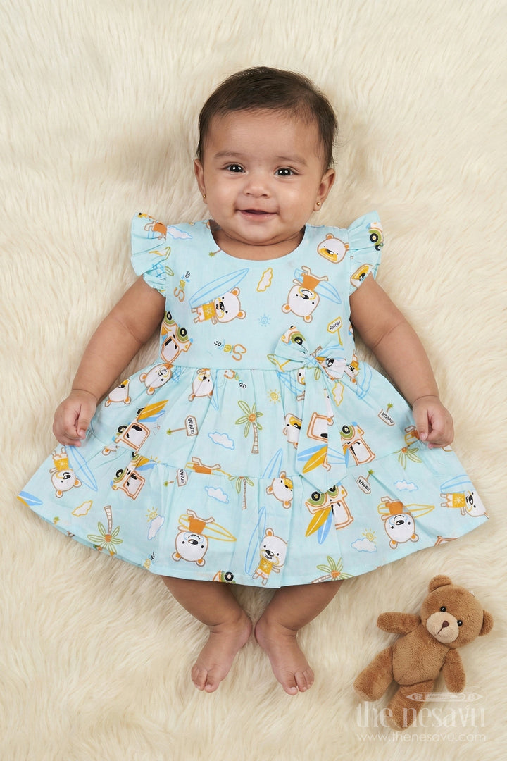 The Nesavu Baby Cotton Frocks Toddler Girl Cotton Frock with Beach Bear Print and Bow for Summer Fun Nesavu 14 (6M) / Blue / Cotton BFJ896A-14 Nesavu toddler girl cotton frock with beach bear print and frill sleeves for sunny day fun