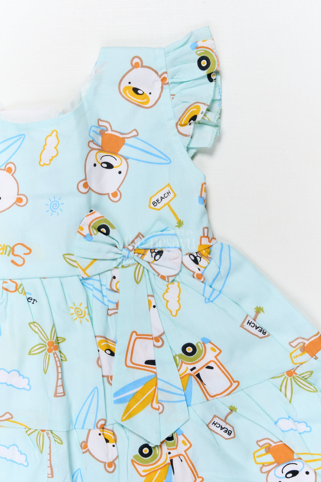 The Nesavu Baby Cotton Frocks Toddler Girl Cotton Frock with Beach Bear Print and Bow for Summer Fun Nesavu Nesavu toddler girl cotton frock with beach bear print and frill sleeves for sunny day fun