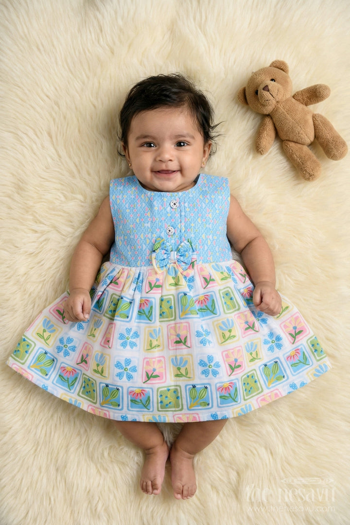 The Nesavu Baby Cotton Frocks Toddler Girl Cotton Frock with Cartoon Characters and Fruits Digital Print Nesavu 14 (6M) / Blue BFJ898B-14 Nesavu toddler girl digital print cotton frock with fruits and cartoon characters