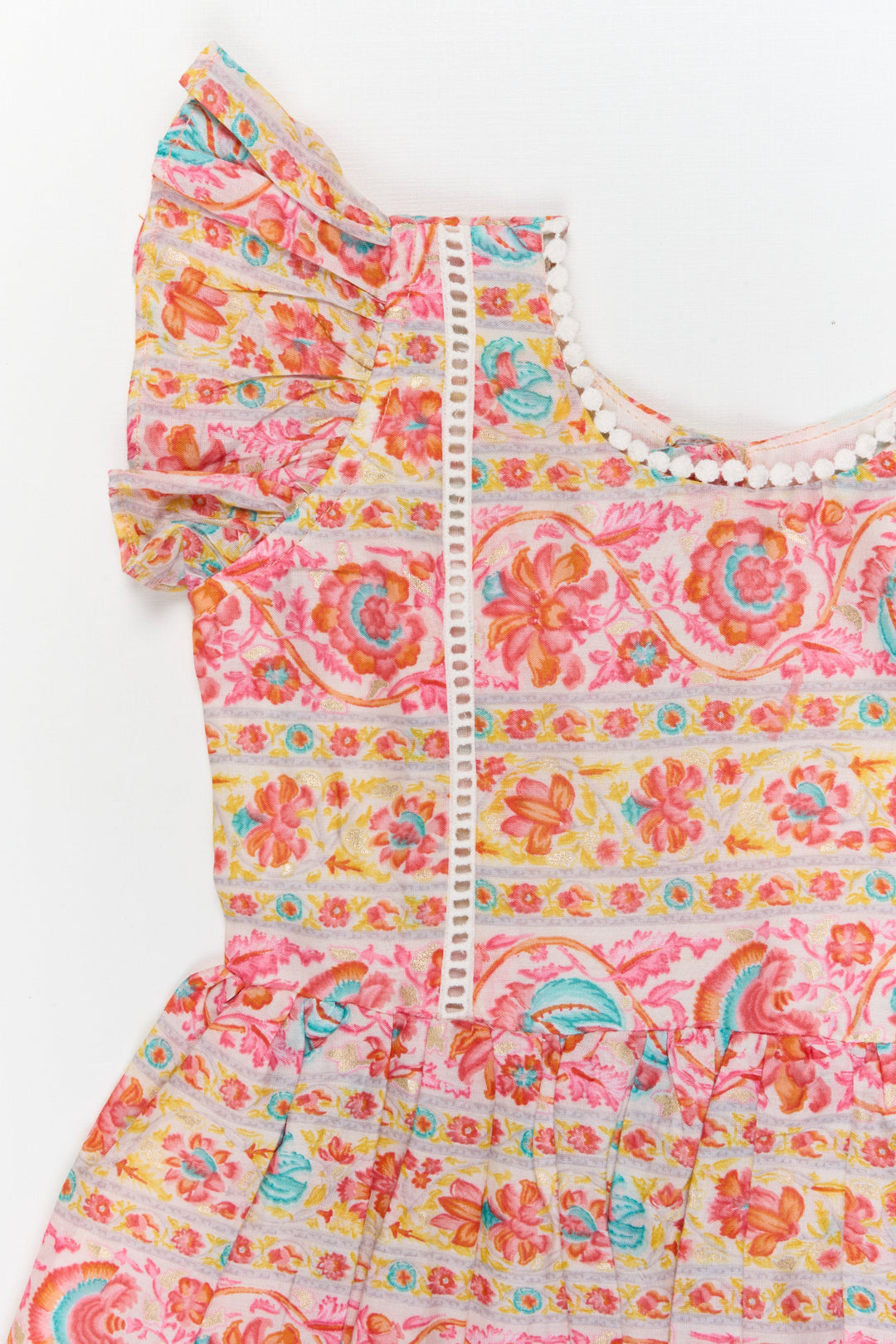 The Nesavu Girls Cotton Frock Toddler Girl Cotton Frock with Festive Border Print for Functions and Photo Days Nesavu Nesavu toddler girl cotton frock with festive print and ruffle sleeves for poojas and casual events