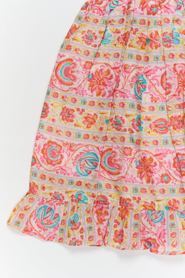 The Nesavu Girls Cotton Frock Toddler Girl Cotton Frock with Festive Border Print for Functions and Photo Days Nesavu Nesavu toddler girl cotton frock with festive print and ruffle sleeves for poojas and casual events