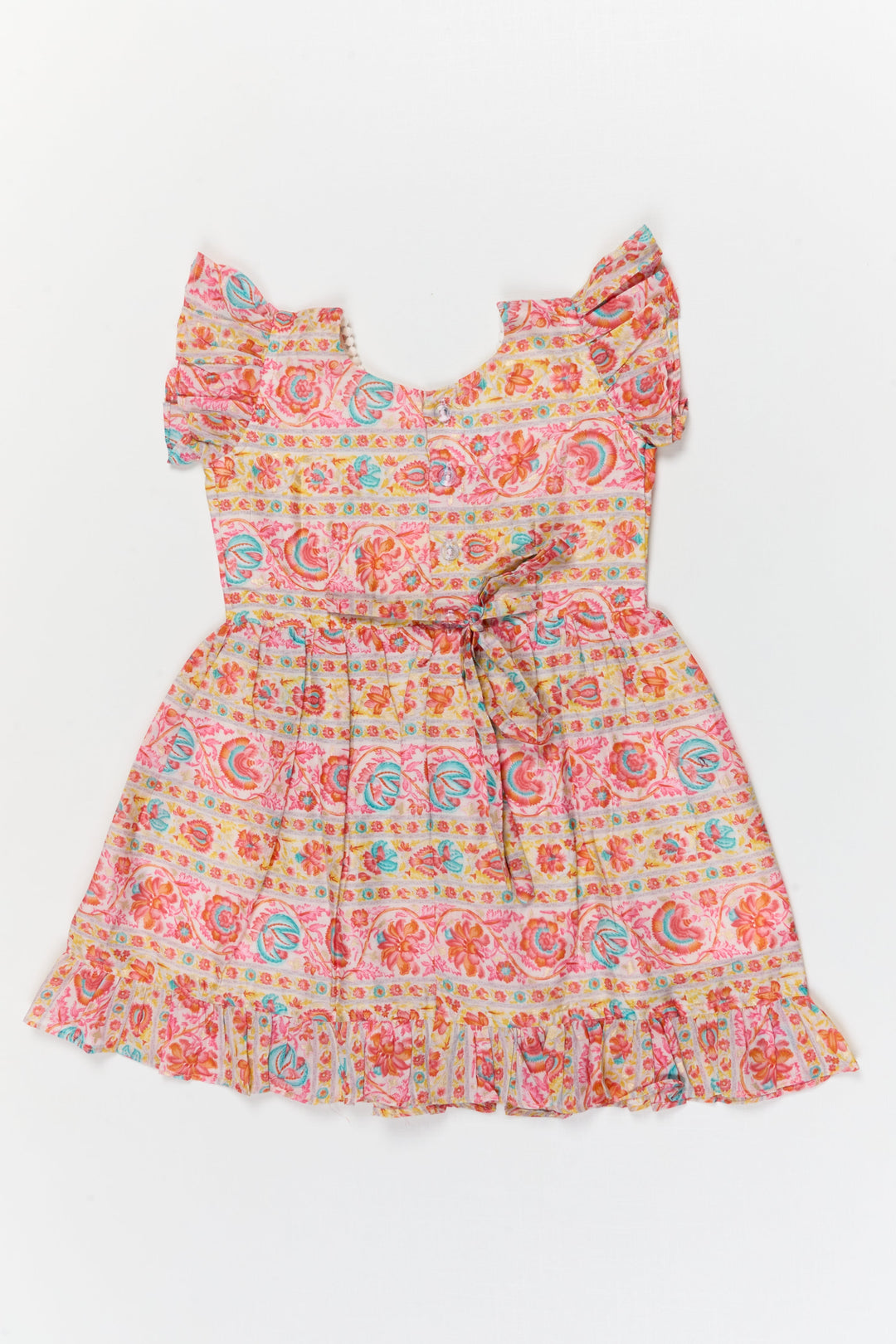 The Nesavu Girls Cotton Frock Toddler Girl Cotton Frock with Festive Border Print for Functions and Photo Days Nesavu Nesavu toddler girl cotton frock with festive print and ruffle sleeves for poojas and casual events