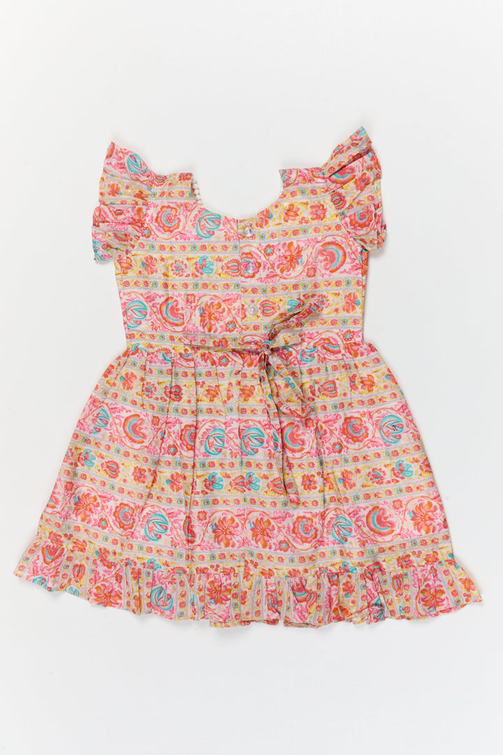 The Nesavu Girls Cotton Frock Toddler Girl Cotton Frock with Festive Border Print for Functions and Photo Days Nesavu Nesavu toddler girl cotton frock with festive print and ruffle sleeves for poojas and casual events