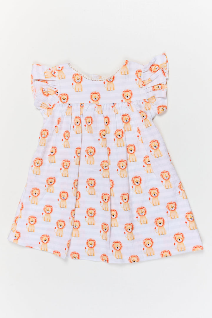 The Nesavu Girls Cotton Frock Toddler Girl Cotton Frock with Jungle Animal Print for Everyday Fun Nesavu 12 (3M) / Blue / Cotton Blend GFC2090A-12 Nesavu toddler girl cotton frock with jungle animal print for daycare and daily comfort