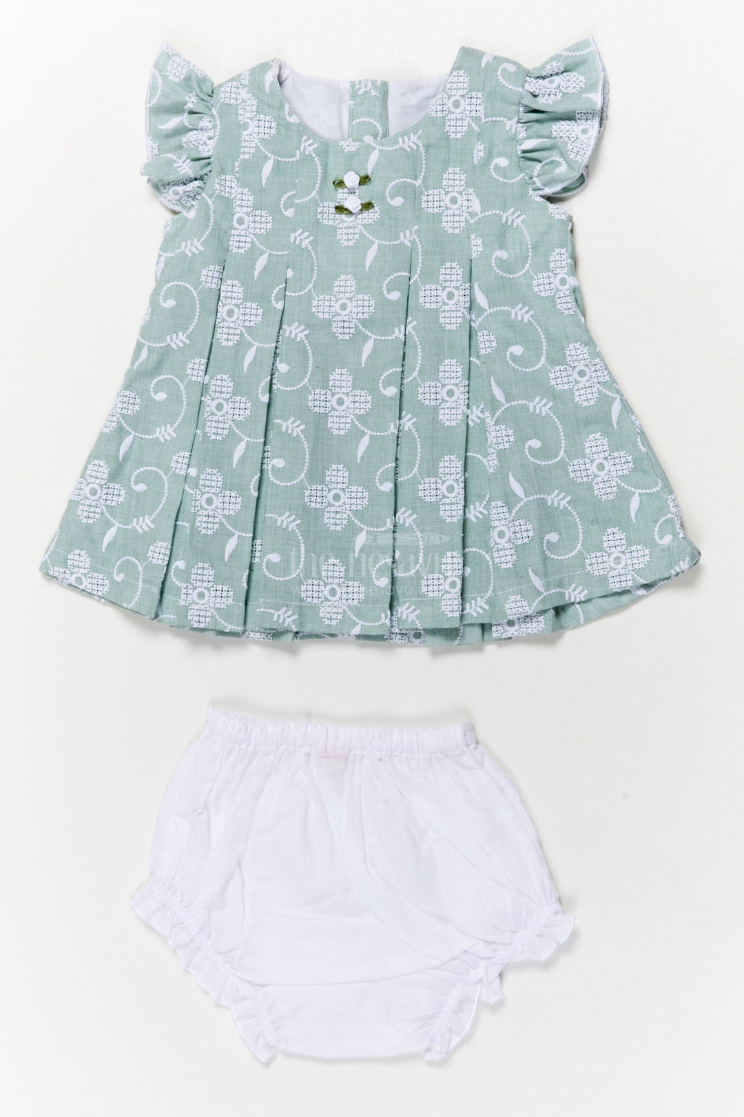The Nesavu Baby Cotton Frocks Toddler Girl Embroidered Frock Set with Bloomers for Summer Days Nesavu 12 (3M) / Green BFJ886B-12 Nesavu toddler girl cotton frock set with thread embroidery and bloomers for casual summer wear