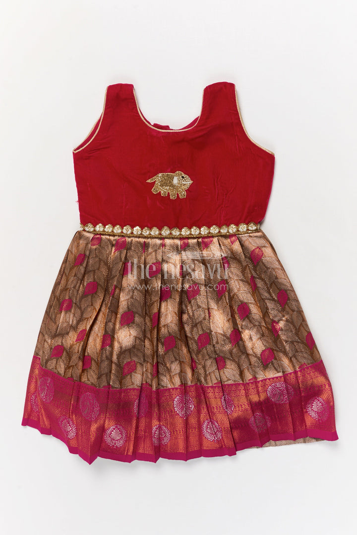 The Nesavu Silk Party Frock Toddler Girl Ethnic Frock for Festive and Family Events Nesavu 20 (3Y) / Red / Velvet SF1119B-20 Nesavu toddler girl ethnic frock with Banaras silk and velvet for festive celebrations