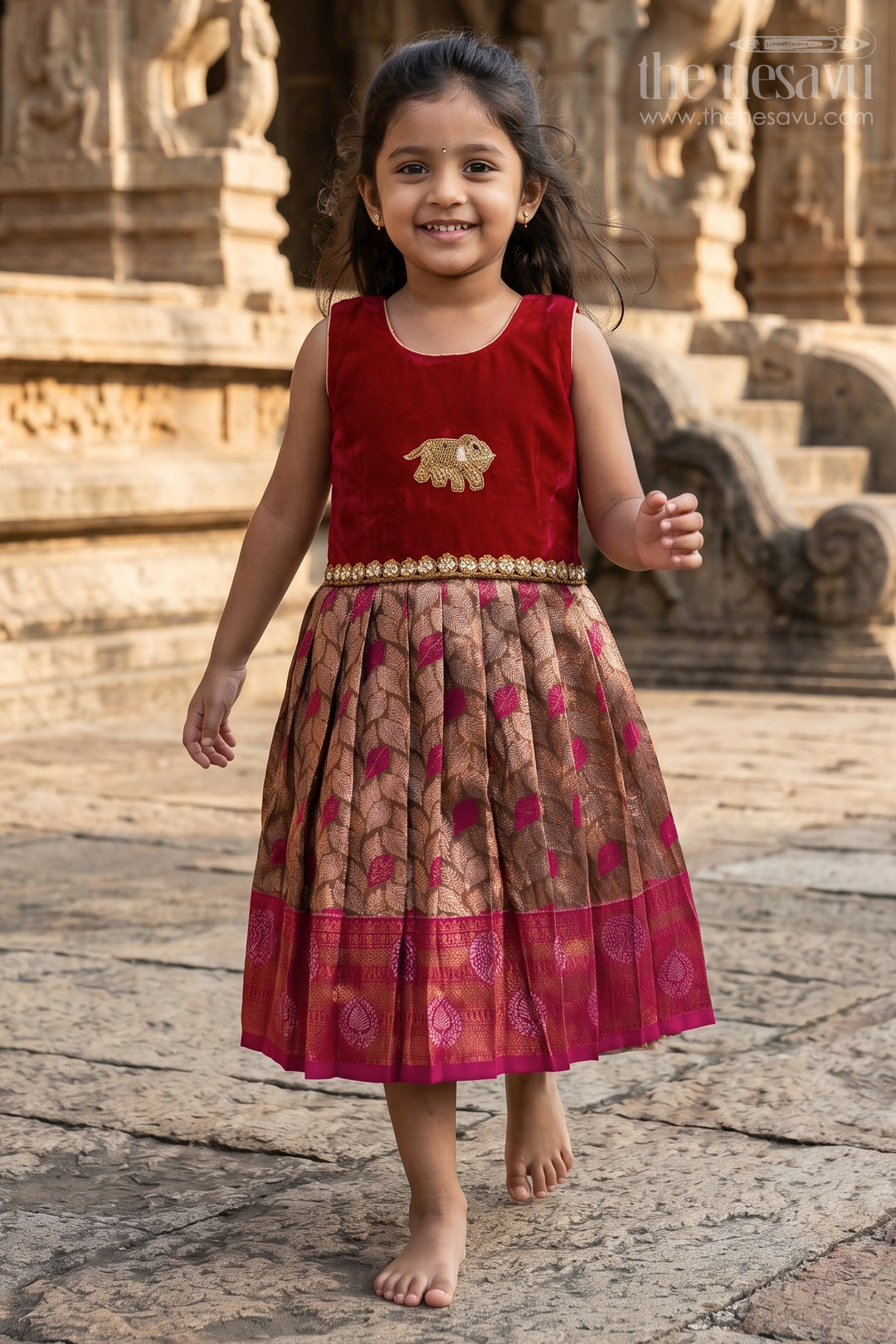 The Nesavu Silk Party Frock Toddler Girl Ethnic Frock for Festive and Family Events Nesavu 20 (3Y) / Red / Velvet SF1119B-20 Nesavu toddler girl ethnic frock with Banaras silk and velvet for festive celebrations