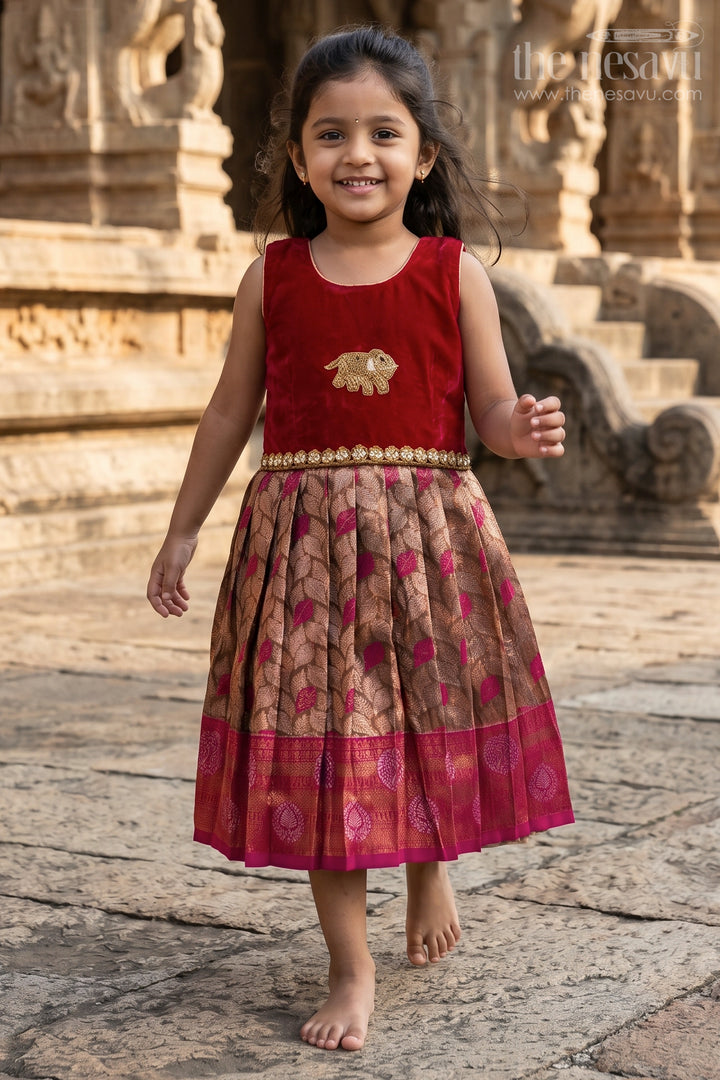 The Nesavu Silk Party Frock Toddler Girl Ethnic Frock for Festive and Family Events Nesavu 20 (3Y) / Red / Velvet SF1119B-20 Nesavu toddler girl ethnic frock with Banaras silk and velvet for festive celebrations