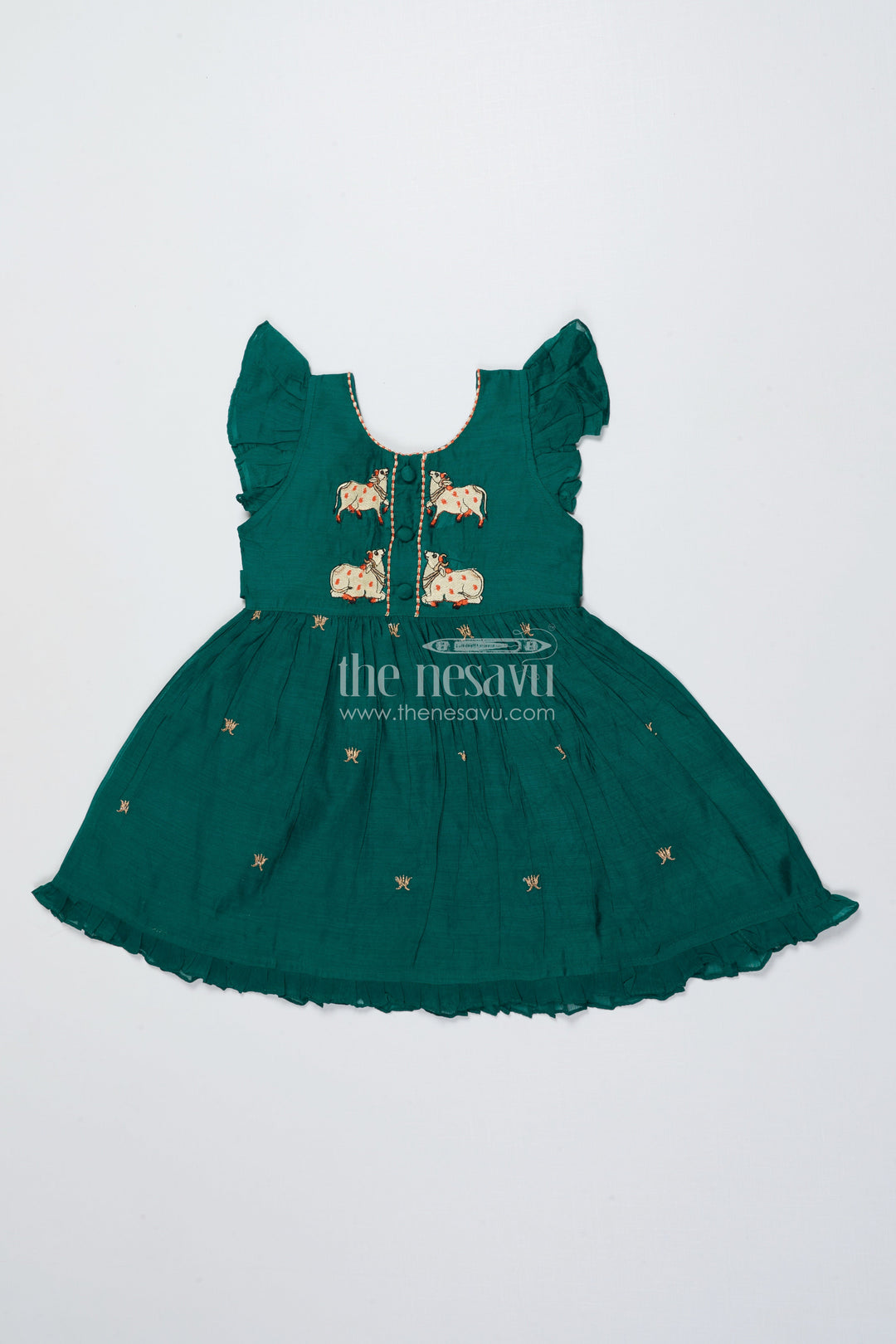 The Nesavu Girls Chanderi Frock Toddler Girl Ethnic Frock with Horse Embroidery for Festivals Nesavu 16 (1Y) / Green GFC2013A-16 Nesavu toddler girl chanderi cotton frock horse embroidery cultural celebrations