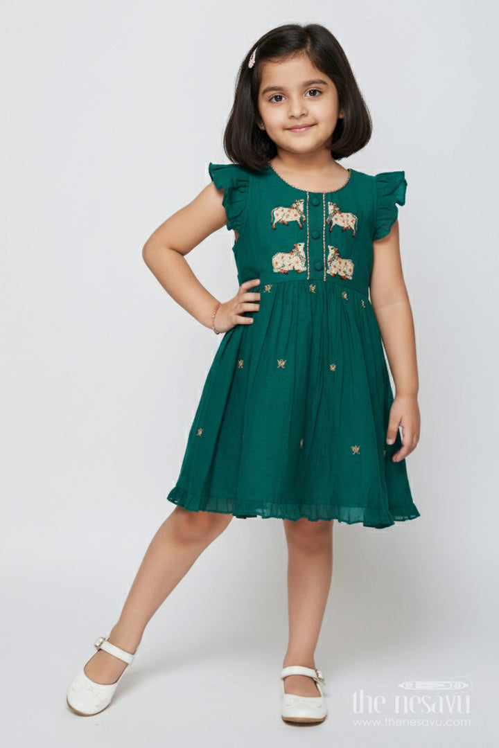 The Nesavu Girls Chanderi Frock Toddler Girl Ethnic Frock with Horse Embroidery for Festivals Nesavu 16 (1Y) / Green GFC2013A-16 Nesavu toddler girl chanderi cotton frock horse embroidery cultural celebrations