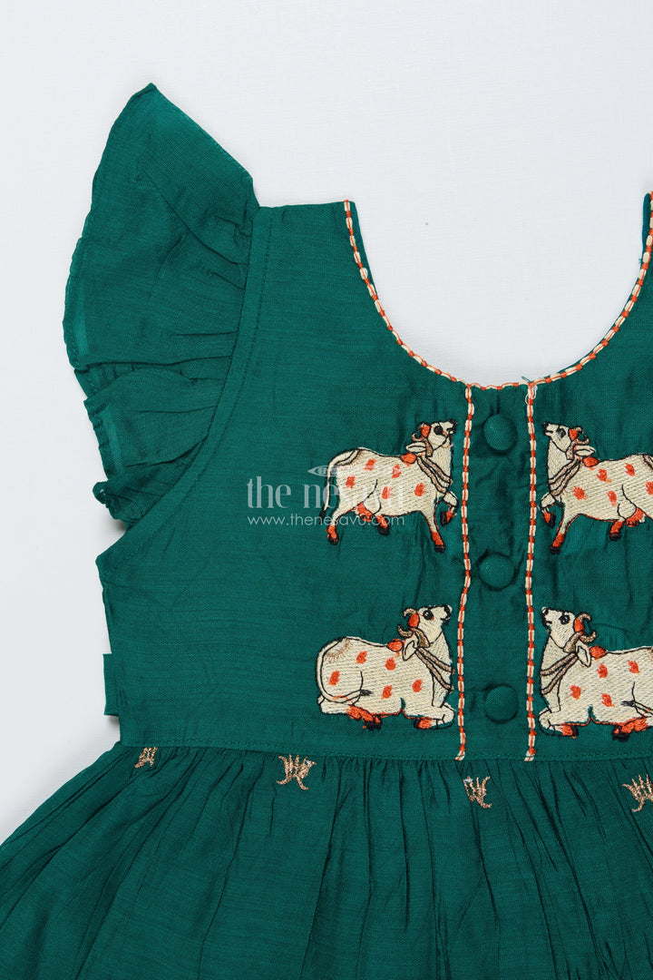 The Nesavu Girls Chanderi Frock Toddler Girl Ethnic Frock with Horse Embroidery for Festivals Nesavu Nesavu toddler girl chanderi cotton frock horse embroidery cultural celebrations