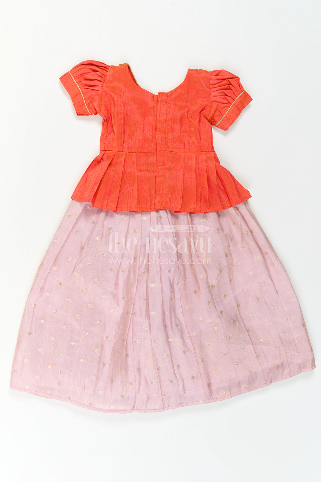 The Nesavu Pattu Pavadai Toddler Girl Ethnic Pavadai Set for Temple Visits and Festive Days Nesavu 18 (2Y) / Orange / Semi Banarasi GPP396B-18 Nesavu Toddler Girl Ethnic Pavadai Set In Semi Banaras Art Silk For Festive Family Occasions