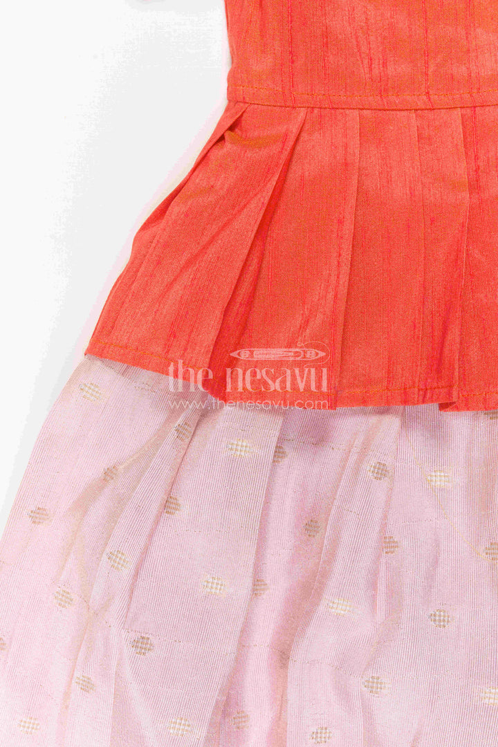 The Nesavu Pattu Pavadai Toddler Girl Ethnic Pavadai Set for Temple Visits and Festive Days Nesavu 18 (2Y) / Orange / Semi Banarasi GPP396B-18 Nesavu Toddler Girl Ethnic Pavadai Set In Semi Banaras Art Silk For Festive Family Occasions
