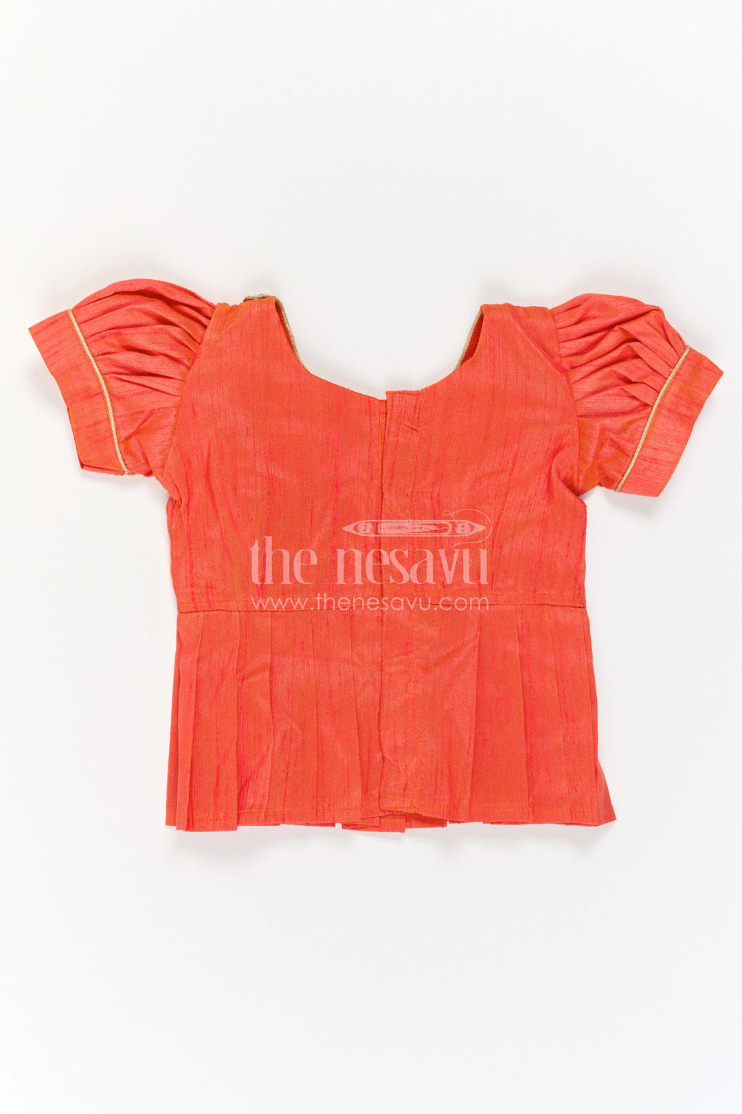 The Nesavu Pattu Pavadai Toddler Girl Ethnic Pavadai Set for Temple Visits and Festive Days Nesavu 18 (2Y) / Orange / Semi Banarasi GPP396B-18 Nesavu Toddler Girl Ethnic Pavadai Set In Semi Banaras Art Silk For Festive Family Occasions