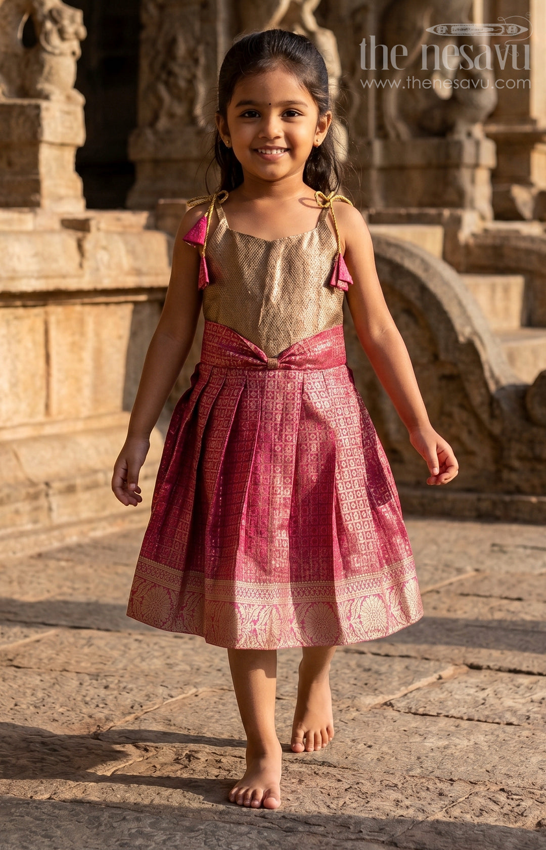 The Nesavu Tie-up Frock Toddler Girl Festive Frock for Family Celebrations Nesavu 16 (1Y) / Gold / Semi Banarasi T442A-16 Nesavu Toddler Girl Semi Banaras Frock With Tissue Silk Yoke For Festive Occasions