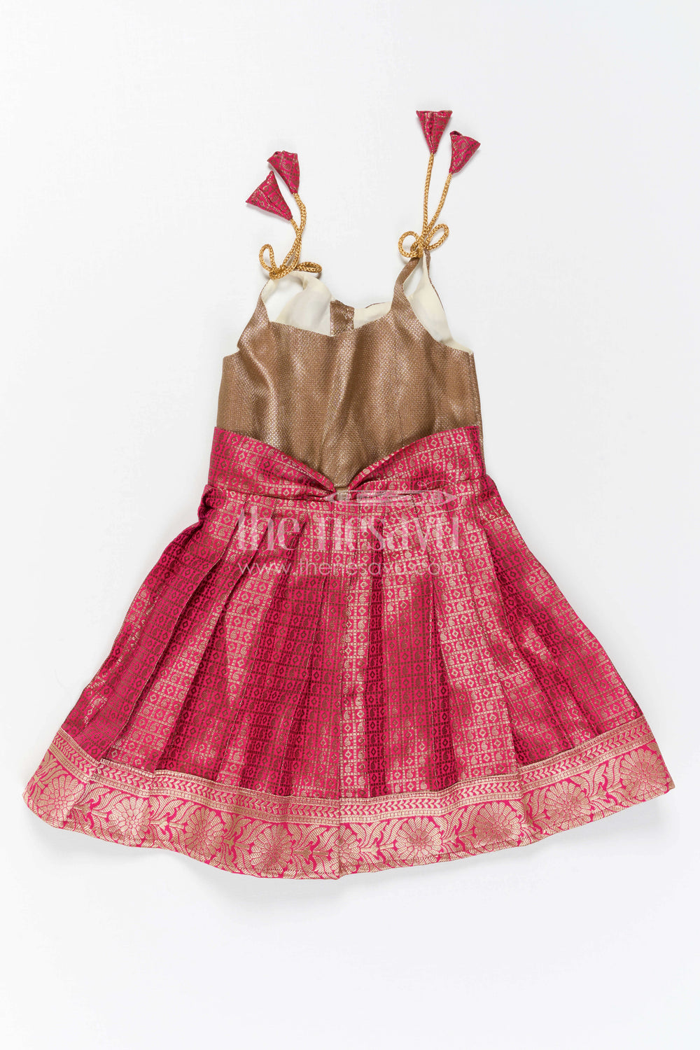 The Nesavu Tie-up Frock Toddler Girl Festive Frock for Family Celebrations Nesavu Nesavu Toddler Girl Semi Banaras Frock With Tissue Silk Yoke For Festive Occasions