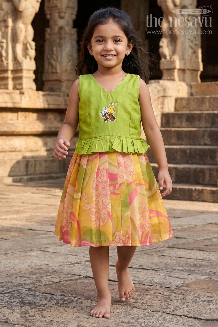The Nesavu Silk Frock Toddler Girl Festive Frock for Traditional Family Outings Nesavu 16 (1Y) / Green / Semi Banarasi SF1165A-16 Nesavu Toddler Girl Festive Silk Frock With Digital Print Skirt For Family Celebrations
