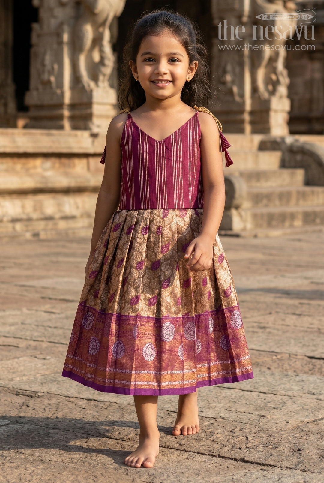 The Nesavu Tie-up Frock Toddler Girl Festive Tie up Dress for Traditional Celebrations Nesavu 18 (2Y) / Maroon / Semi Banarasi T433B-18 Nesavu Toddler Girl Festive Tie Up Dress With Woven Border For Wedding Celebrations