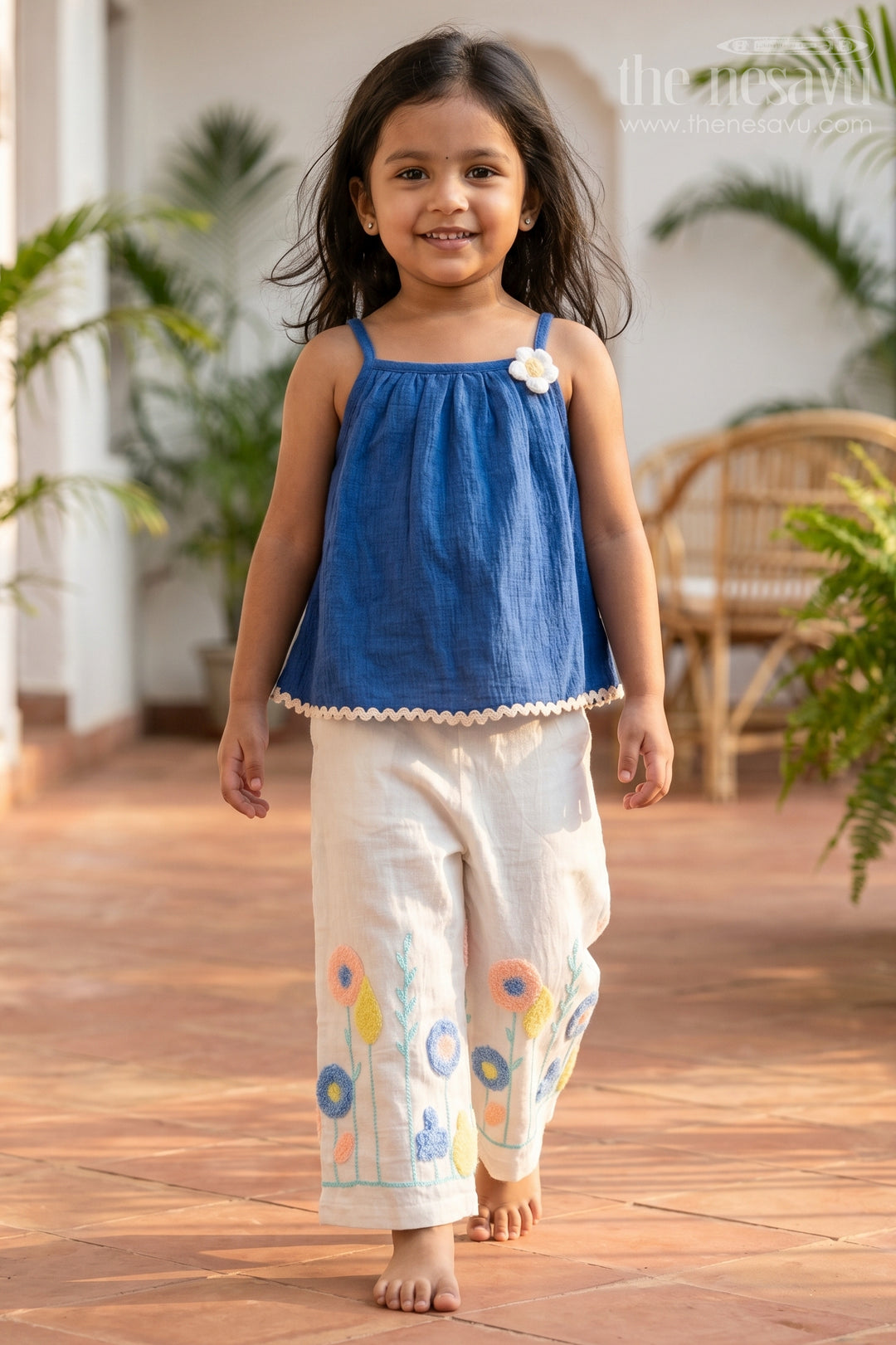 The Nesavu Girls Co-Ord Sets Toddler Girl Floral Co Ord Set for Summer Outings Nesavu 16 (1Y) / Blue / Cotton Blend GCS064B-16 Nesavu Toddler Girl Floral Co Ord Set With Embroidered Wide Leg Pants For Summer Outings